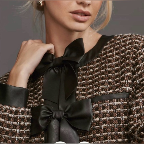 Anthropologie Bow Faux Leather-Trimmed Tweed Lady Jacket- medium - Picture 5 of 11